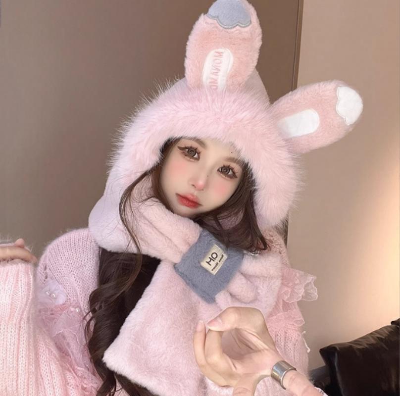 New Fashion Thickened Hat Scarf with Cute Ears Plush Winter Women's Hats Beanies Pompom Knit Bonnet Fluffy Winter Cap Bomber Hats For Women