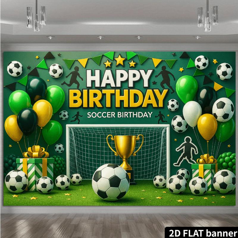 1pc, 2D flat, passionate football birthday background banner including goal + gold trophy + football + balloon background, wsj