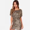 Women Mini Dress Round Neck Hollow Short Sleeve Backless Short Dress Glitter Sequins Hip Wrapped Party Dress