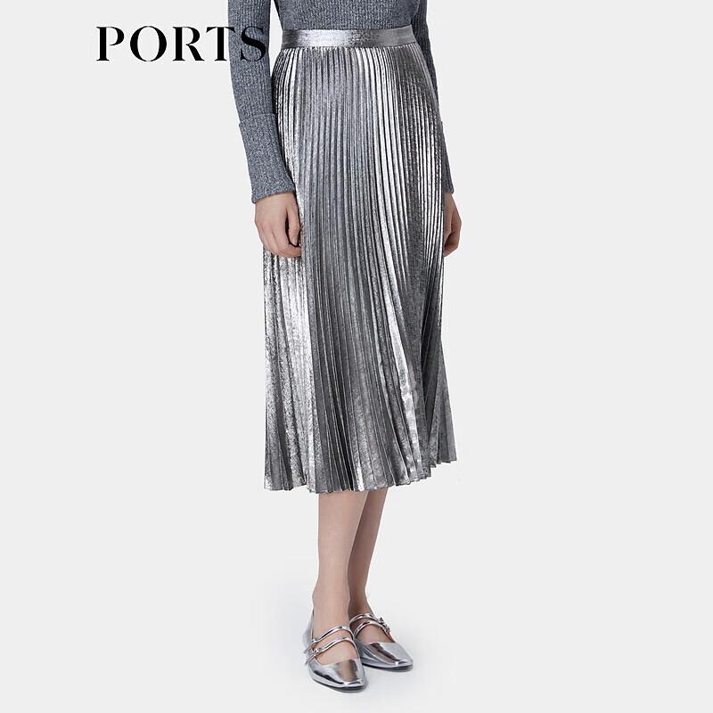 PORTS Women's Grey Pleated Glossy Midi Skirt