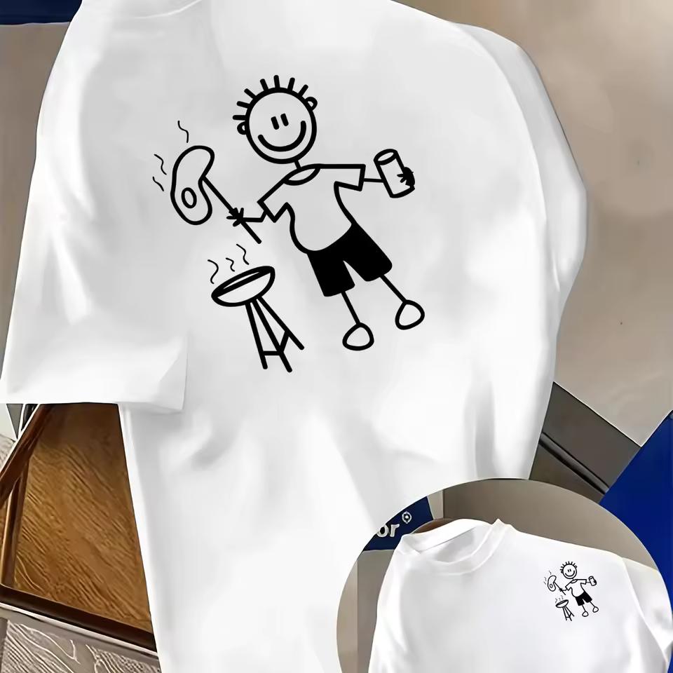 Simple Line Drawing Barbecue Stick Man Graphic Loose Cotton Short Sleeve T Shirt