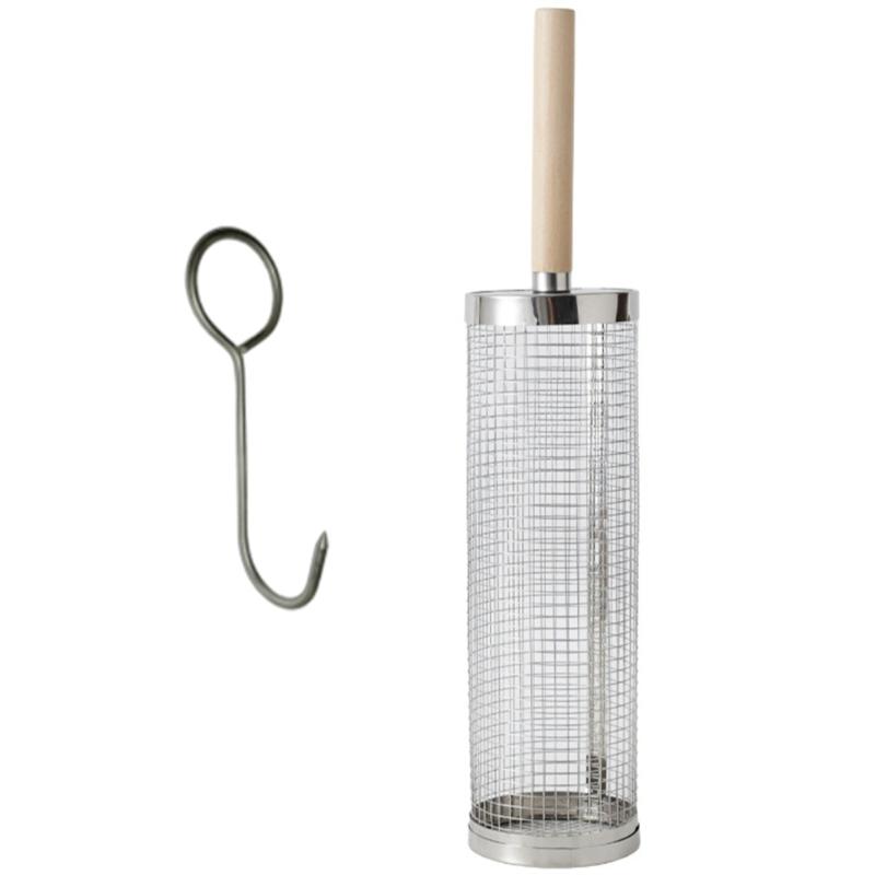 Steel Rotating Grill Basket With Hanging Hook and Wood Handle For Even Cooking And Effortlessly BBQ Food Flipping