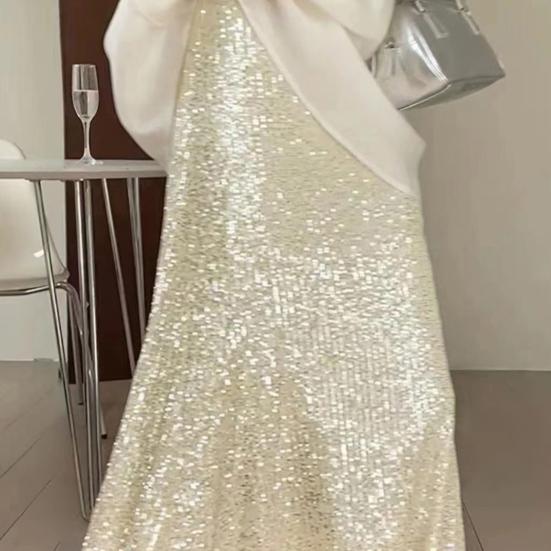Women Maxi Skirt Elastic High Waist Long Skirt with Liner Shiny Sequins