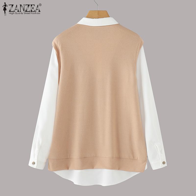 ZANZEA Женские винтажные поддельные рубашки-двойки с длинным рукавом контрастного цвета