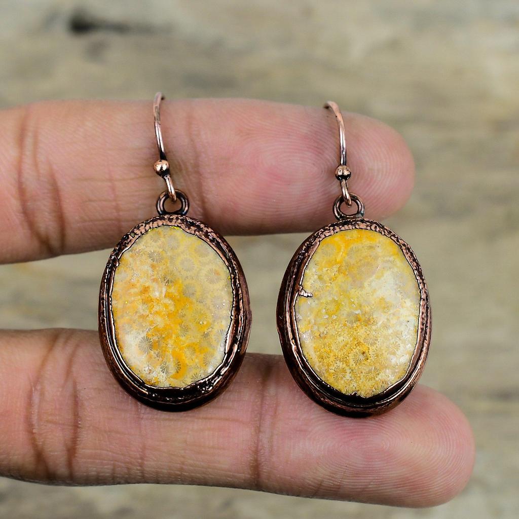 Fossil Coral Earring Electroformed Copper Earrings Gemstone Earring Fossil Coral Jewelry Dangle Earring Handmade Copper Jewelry Wedding Gift