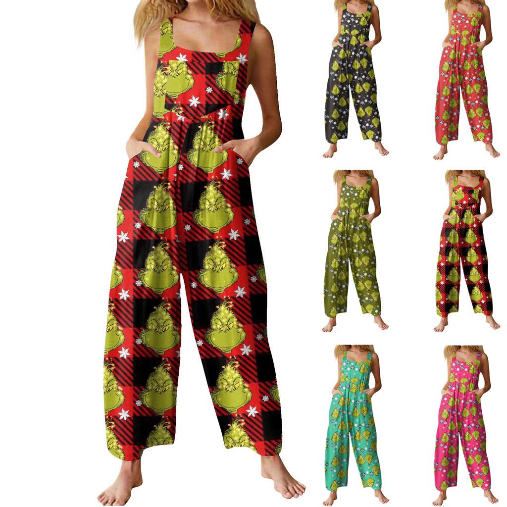 Women's Casual Loose Jumpsuit Christmas Print Wide Leg Jumpsuit Sleeveless With Pockets