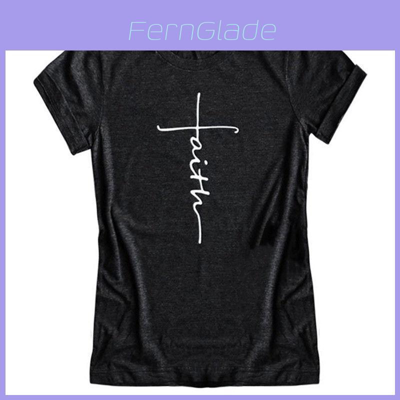 Women Sleeve Short Summer Faith Letter Print Tshirt Graphic Tee Fashion Blouse