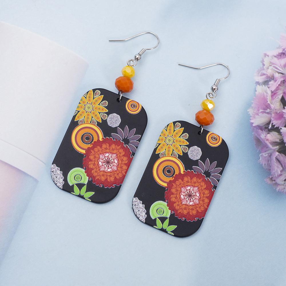Acrylic Relievo Colorful Print Women's Flower Earrings Dangle Vintage Elegant Personality Jewelry New Clothing Accessories Gift