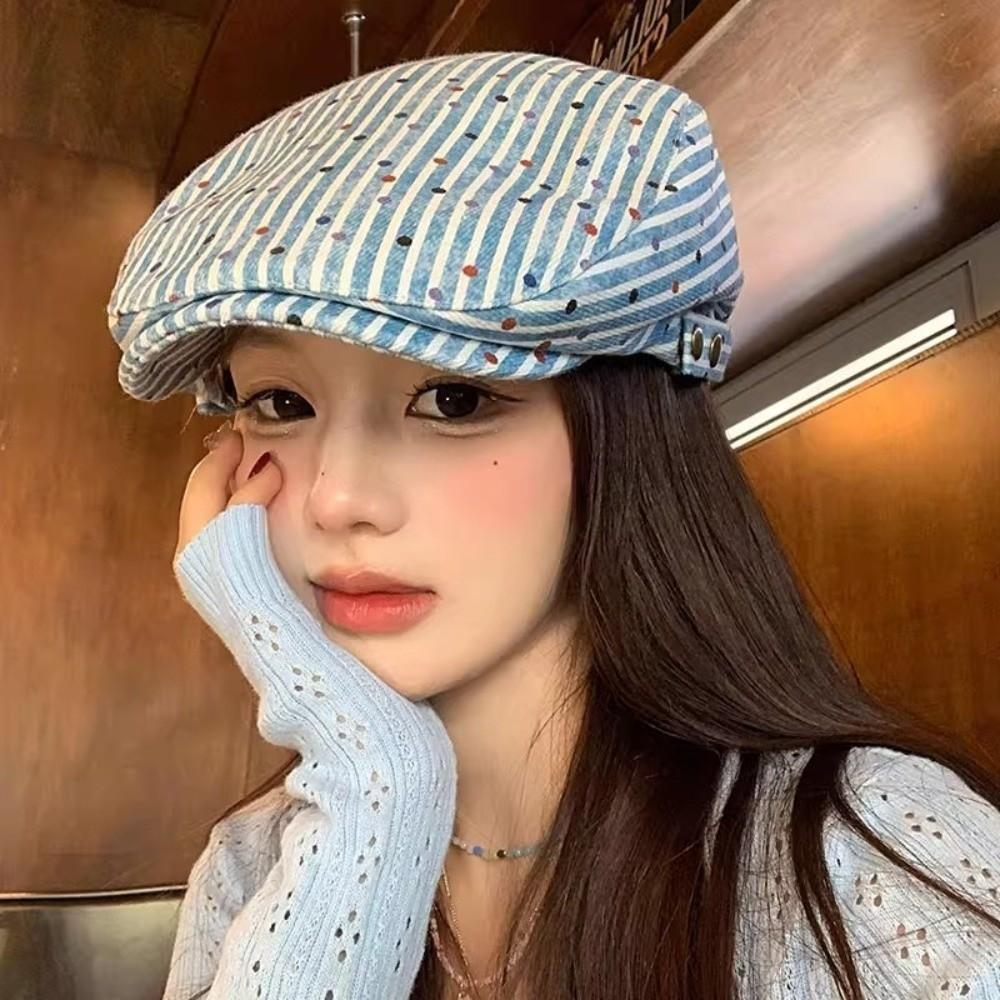 Vintage Stripped Berets Korean Painter Cap Fashion Polka Dot Beret  Women