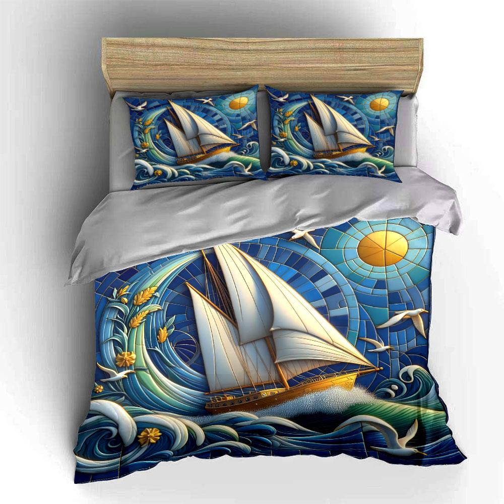 "Ocean Sailing Art Decor Set" Soft Skin-Friendly Bedding Set Includes 1 Duvet Cover And 2 Pillowcase Gift