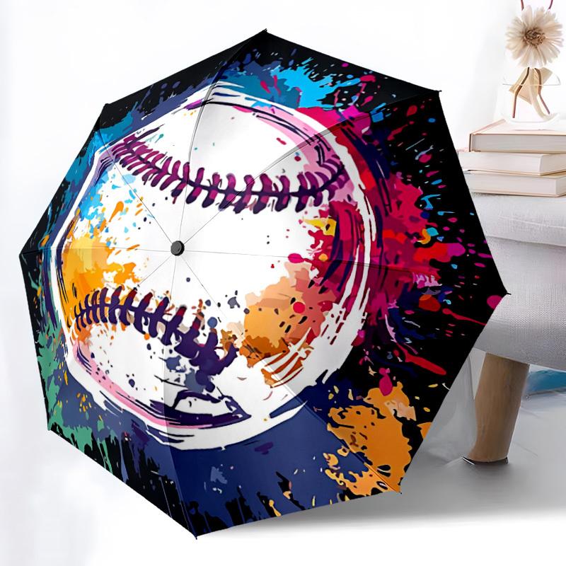 1pc Baseball Artwork Adventure Auto Open/close, 8-Rib Iron Frame, Compact Folding Cute Umbrella All-Season Portable Umbrella for Travel 014
