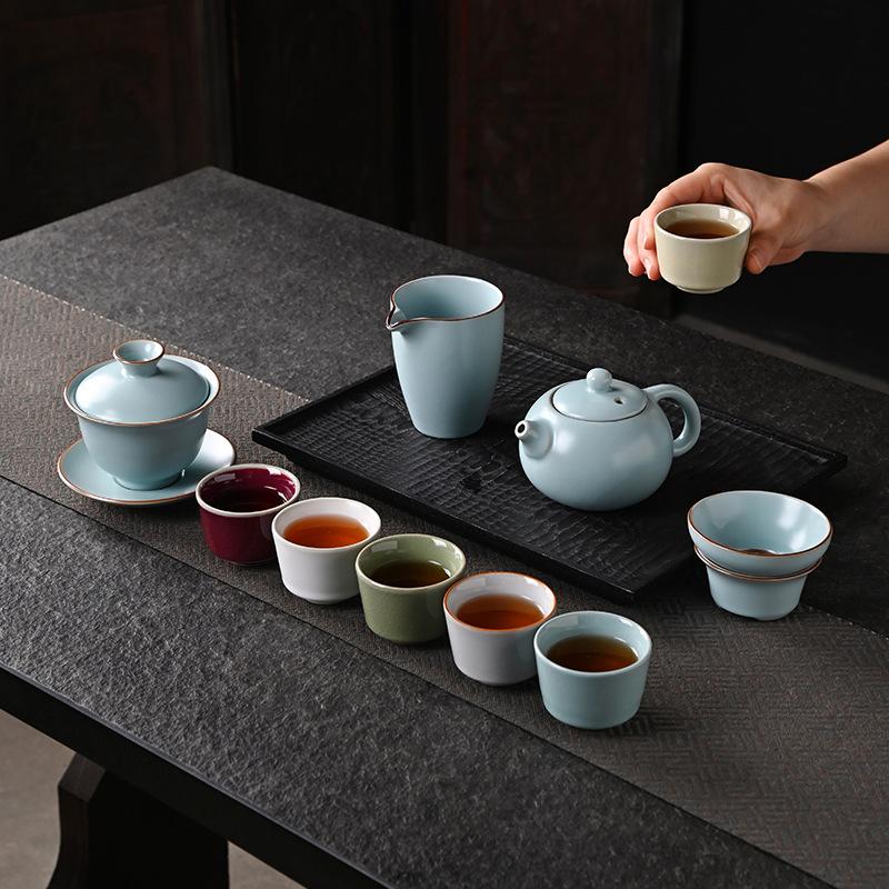 Guochao merchandise five famous kiln tea set set, a complete set of kung fu gift box, Ru kiln gifts to customers, company gifts