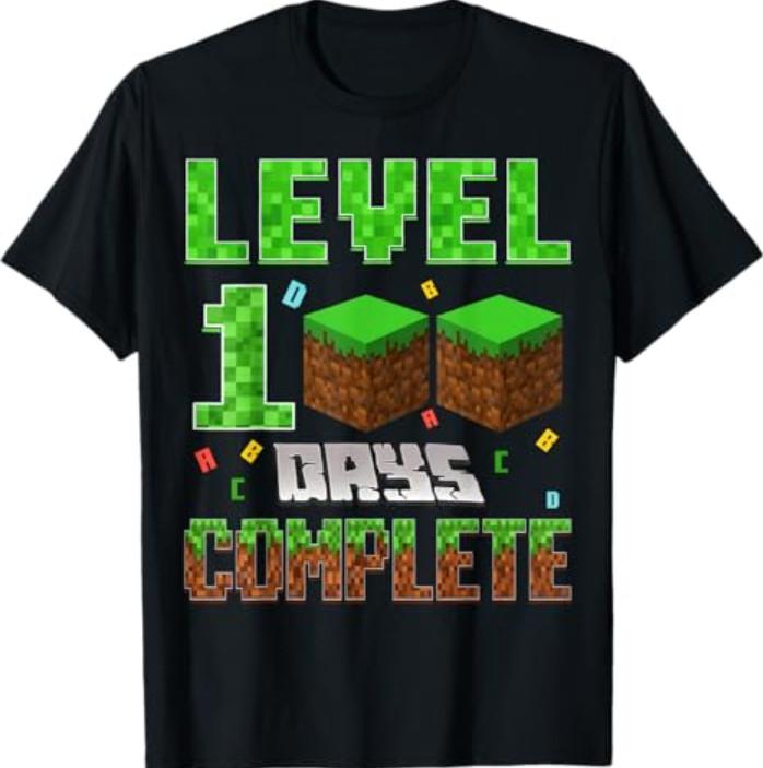 Level 100 Days Complete Pixel Gamer School Gift T-Shirt
