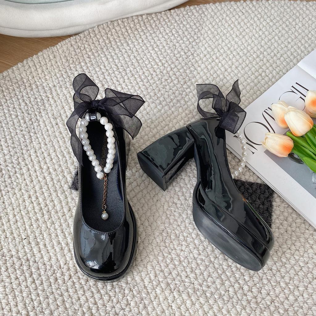 Ретро туфли Мэри Джейн с жемчужным бантом женские 2025 весна и осень новые толстый каблук милые высокие каблуки толстый каблук одинарные туфли женские