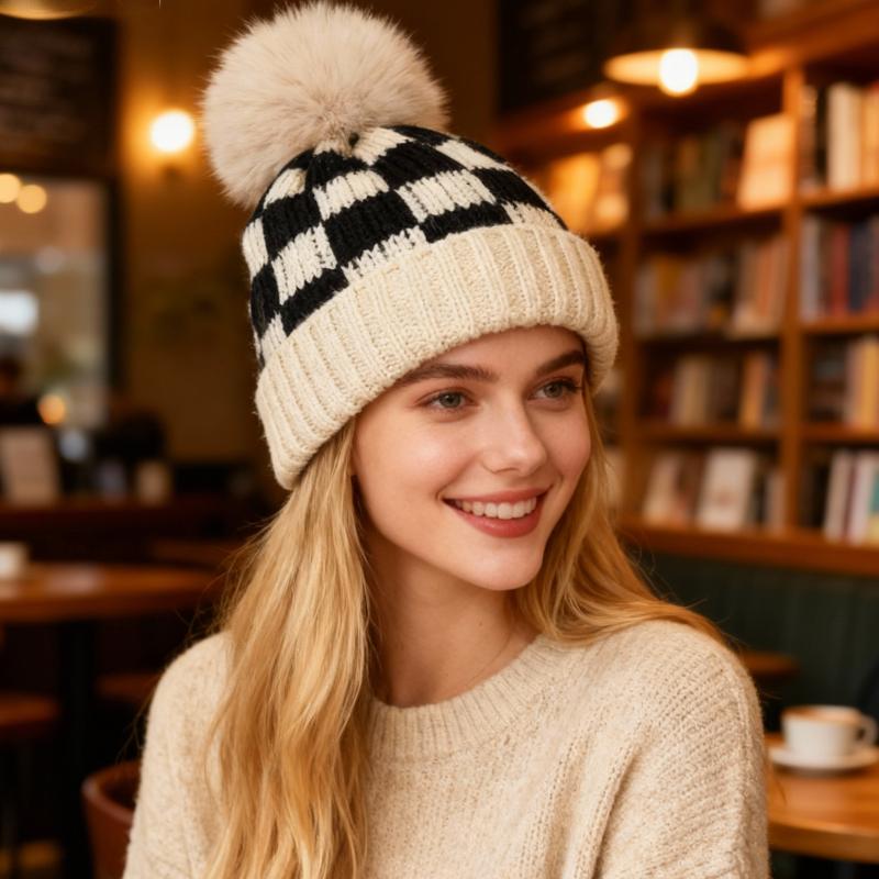 1pc Lattice Winter Warm Beanie Hats for Women Fleece Lined Beanie Knit Chunky Women Snow Cap for Daily Commuting and Casual Wear