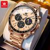 Luxury Rose Gold Quartz Watch Men Stainless Steel Waterproof Luminous Date Moon Phase Chronograph Watches Mens
