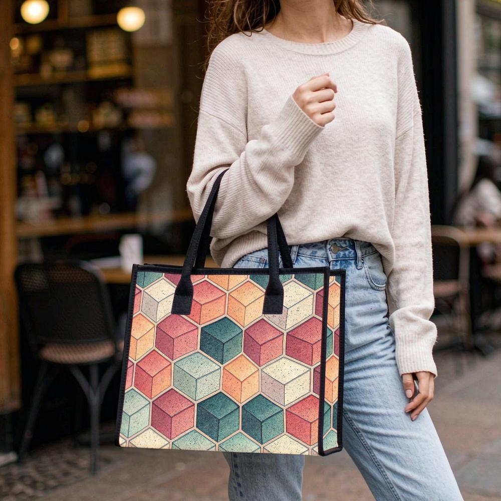 Geometric Hexagon Pattern Tote Bag Fashion Daily Commuter Shoulder Bag Casual Portable Shopping Handbag
