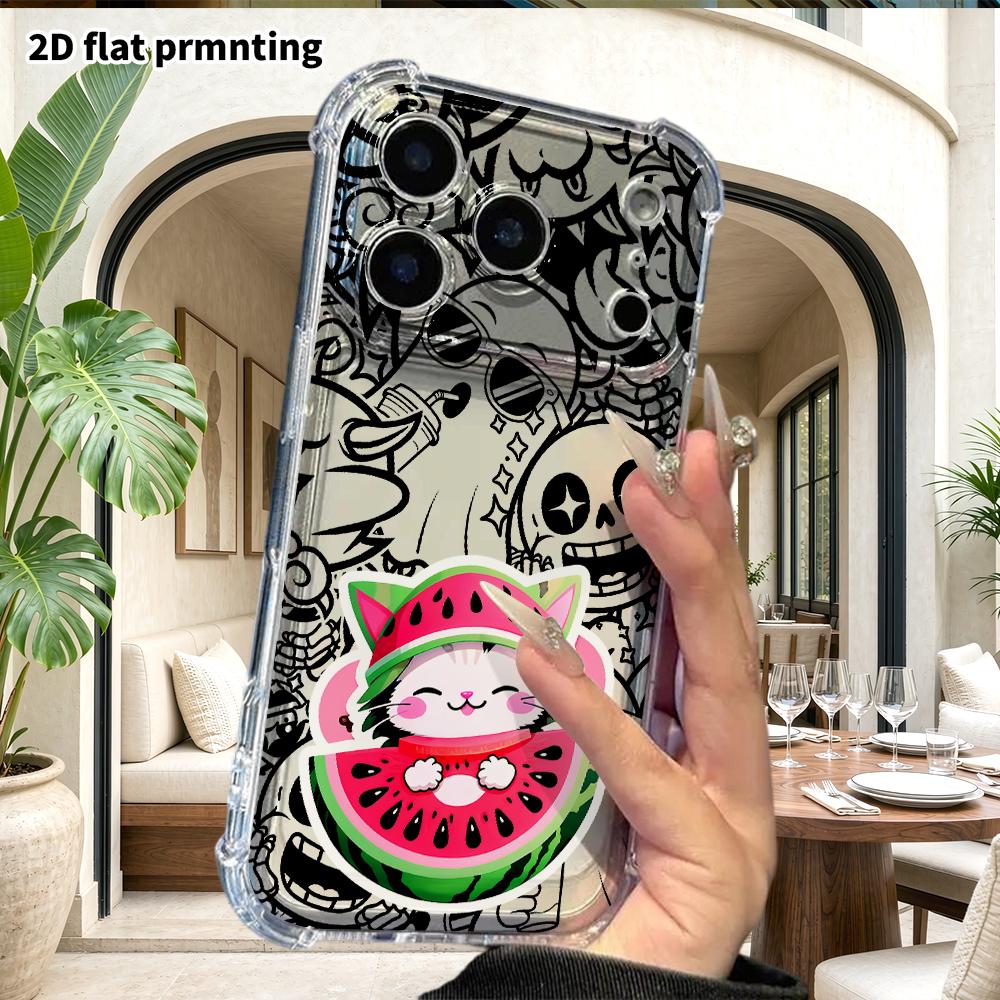 Phone case: 2D flat design, suitable for iPhone 18 17 16 15 14 13 Pro protective case, watermelon cat, perfect Christmas and Halloween holiday gift