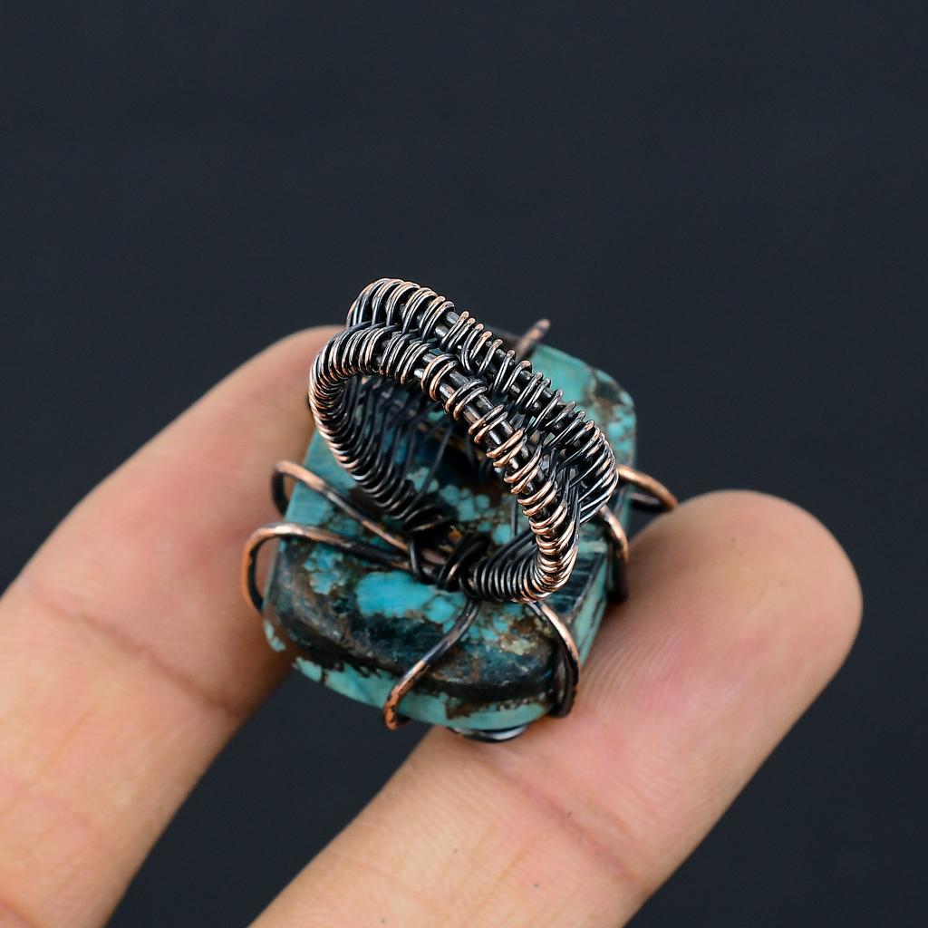 Кольцо ручной работы из медной проволоки с натуральным тибетским бирюзовым камнем, размер 6, O5E41