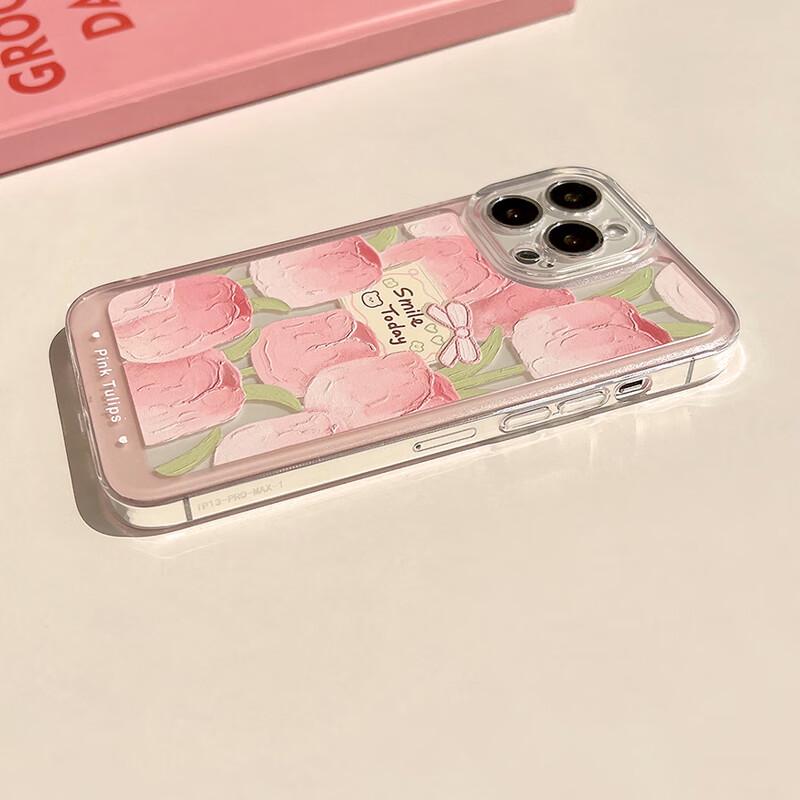 IPhone 13 Pro Max Case, Full Protection Shockproof Cover, Creative Transparent Painted Oil Painting Card Tulip Desig