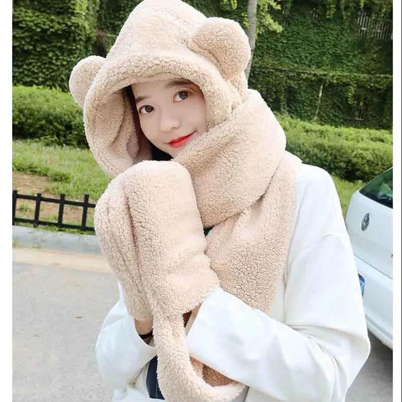 Шапка с медведем, корейская осенне-зимняя женская шапка, уличный велосипедный шарф с капюшоном, перчатки, один шарф, чтобы согреться