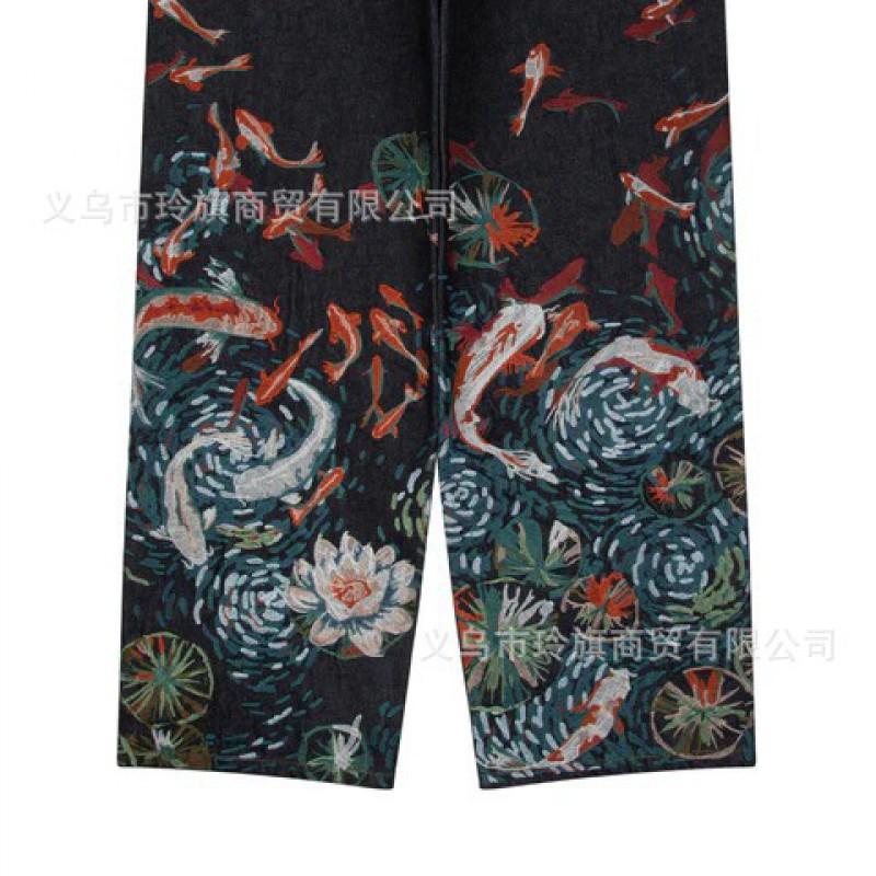 Vintage Carp Embroidered Jeans Men Women Streetwear Straight Leg Denim Pants High Stretch Casual Trousers