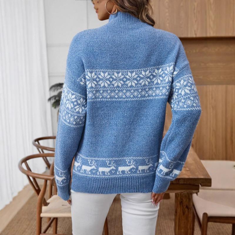 Women S Half High Neck Long Sleeve Knit Sweater Snowflake Jacquard Casual