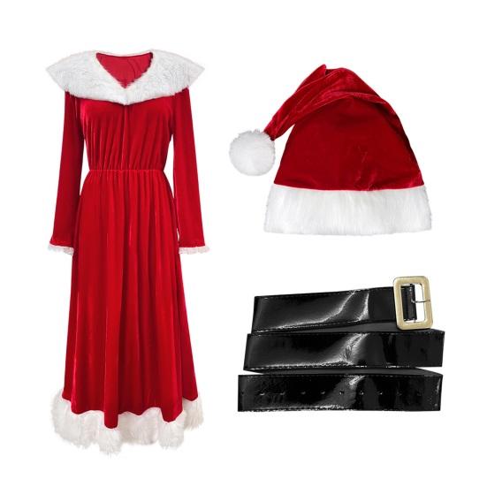 Mrs. Claus Costume Christmas Red Velvet Dress for Women Long Sleeve V Neck Cosplay Outfit with Santa Hat And Belt