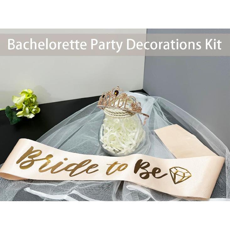 JETKONG 3 Pcs Bachelorette Party Decorations BRIDE Crown, Bride to Be Sash&Veil for Women Bachelorette Party Gifts, Bridal Shower Supplies, Gifts,