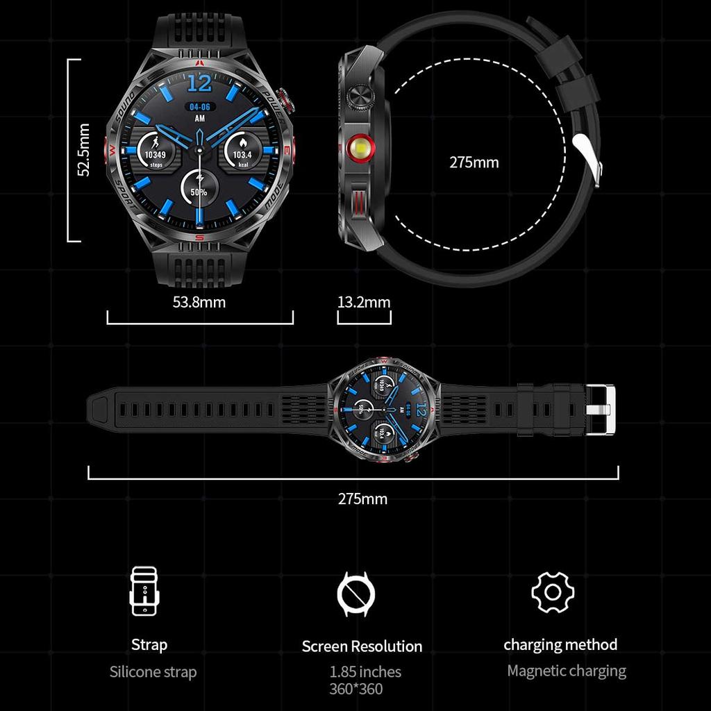 Умные часы для занятий спортом на открытом воздухе для мужчин Фонарик Лазерный свет Аккумулятор 450 мАч GPS Отслеживание спорта Водонепроницаемые Звонки по Bluetooth Умные часы