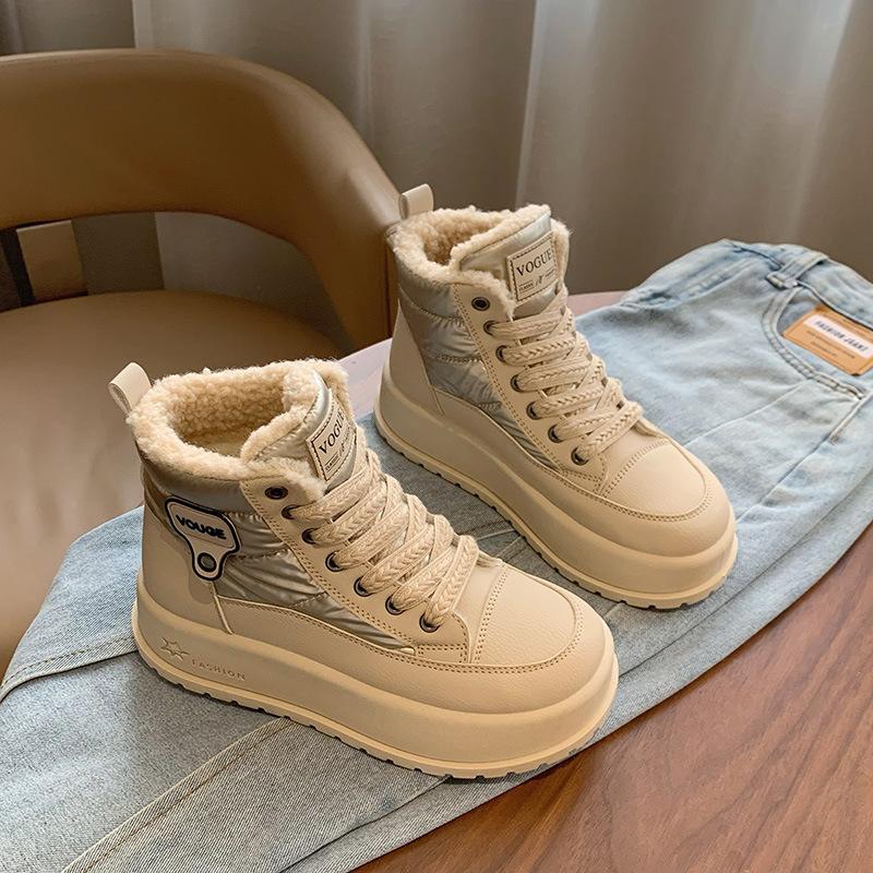 Зимние ботинки на толстой платформе для женщин, короткие ботинки с подкладкой из искусственного меха, кроссовки для ходьбы на шнуровке, женские нескользящие теплые ботильоны из искусственной кожи