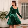 Повседневные платья с длинными рукавами Сплошное платье Женское зеленое бархатное платье с глубоким V-образным вырезом Свободное платье с высокой талией Платье больших размеров Пригородные платья