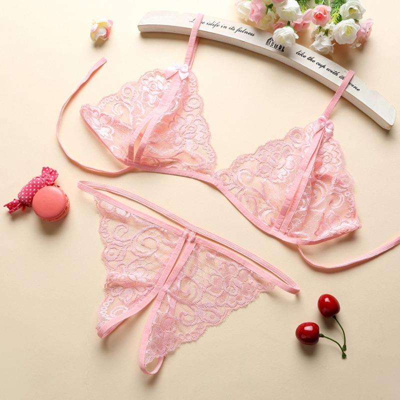 Sexy Underwear Women's Open Three-point Sexy Lace Transparent Open Panties Bra Strap Backless Temptation