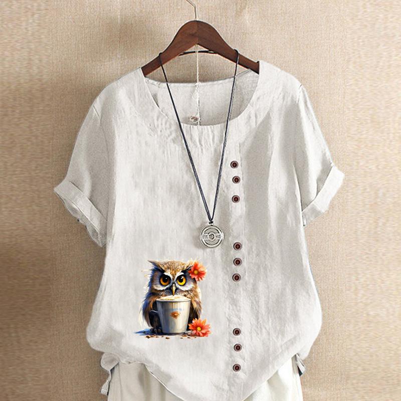 Women's Fashion Cartoon Owl Prined Short Sleeve T-shirt Loose Cotton Shirt Casual Loose Summer Blouse Tops Plus Size