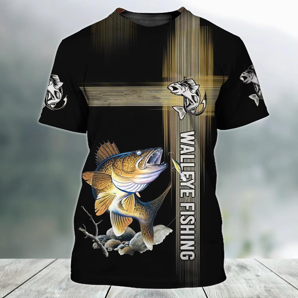 Retro Men's T-shirt, Outdoor Sports Short Sleeved T-shirt with 3D Fishing Print, Men's Casual T-shirt, Loose T-shirt, Men's Streetwear