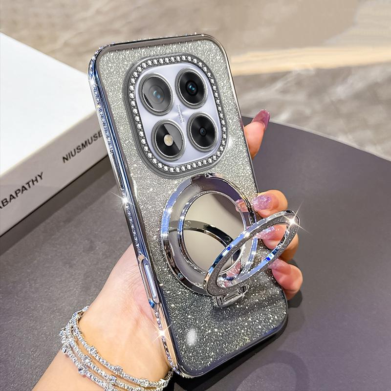 Magnetic Keysion Phone Jewelled Glitter Case For Redmi Note 14 Pro 5g Makeup Mirror Stand Shockproof Cover For Xiaomi Poco X7
