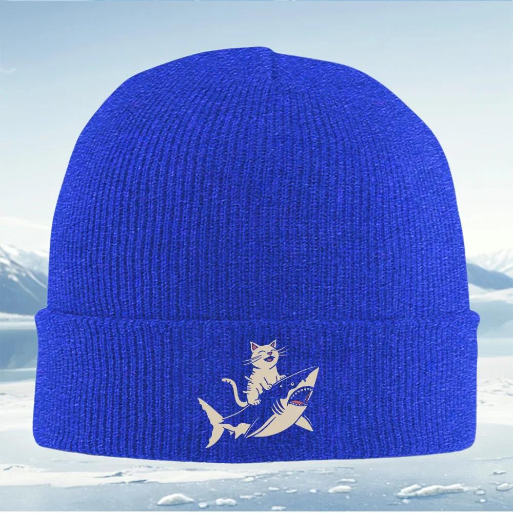 Cat riding shark Funny animal fun Unisex Women Unisex Knitted Hat Beanie Pullover Cap Winter Thermal Warm Christmas Outdoor Cycli