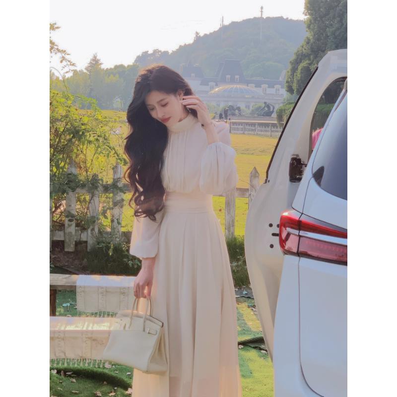 2025 Spring Turtleneck White Midi Dress Women Long Sleeve French Elegant One Piece Dress Korean Fashion Y2k Clothing Design