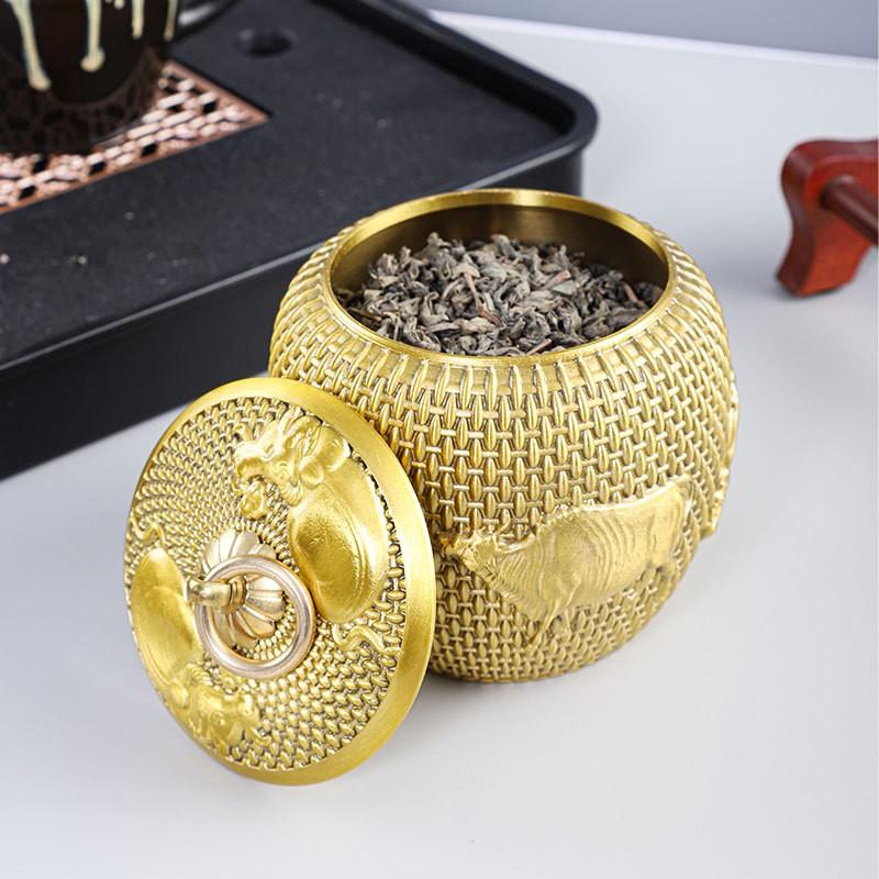 Brass Tea Canister With Lid Airtight Insect-Proof Storage Jar Loose Leaf Vintage Luxury Design Large Capacity