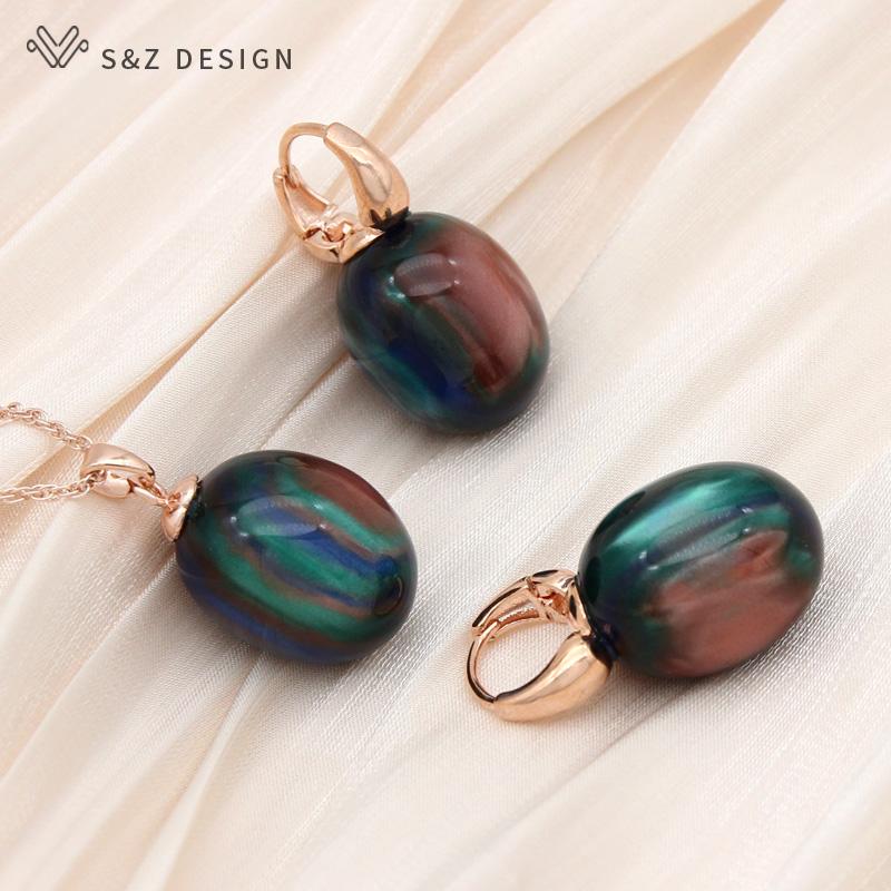 Stylish Egg Shape Oval Resin Colorful Beads Drop Earrings Jewelry Sets For Women Wedding Party Elegant Fashion Rose Gold Color Necklace
