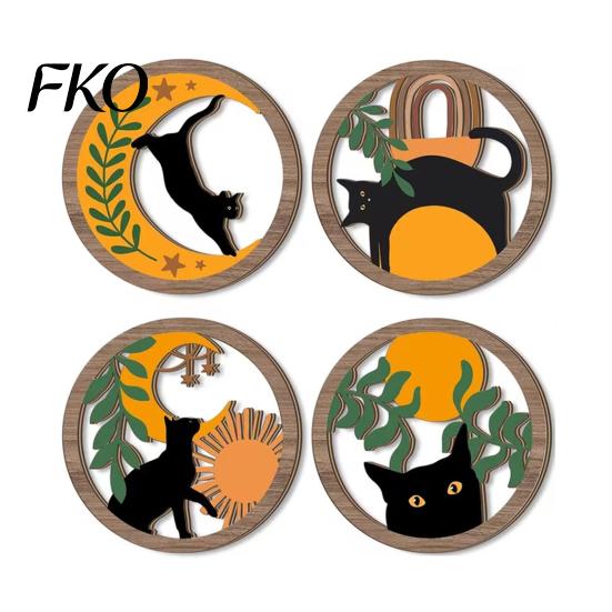 Wooden Cat Wall Art 4Pcs 3D Boho Decoration, Round Hangings, Animal Star Sun Moon Retro Orange Decoration Botanical Decor, Layered Wood