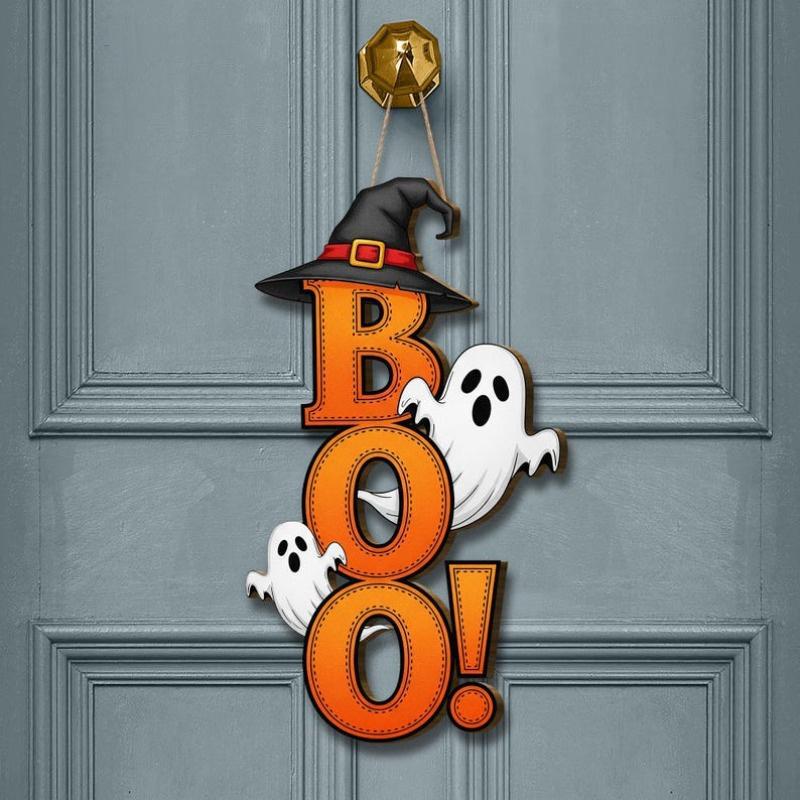 2D Flat Halloween Wooden Door Sign Ghost Witch Hat BOO Letter Hanging Plaque Outdoor Home Yard Welcome Party Wall Decor