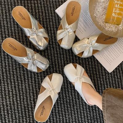 Баотоу полутапочки женские модные новые летние мягкая кожа плоская подошва мягкая подошва темперамент одна нога прохладные тапочки женская обувь