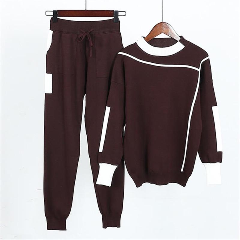 Knitted Casual Tracksuit Pant Suits Fashion Elegant 2 Piece Women Pullover Sweater Trousers Set