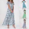 Women's Swing Long Dress Chiffon Floral Short Sleeve Ruffle V Neck Fashion Waist Flowy Dress