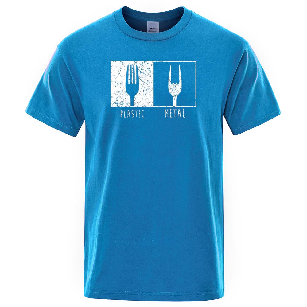 Узор из повседневных предметов Металлическая пластиковая вилка Футболка Хлопок Короткий рукав Мужские футболки Панк Хип-хоп Футболки Винтажная уличная одежда