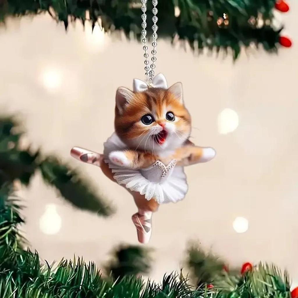 Christmas Tree Ornament Cartoon Cat Pendant with Lanyard Easy To Hang Decorative Acrylic Rearview Mirror Hanging Accessory