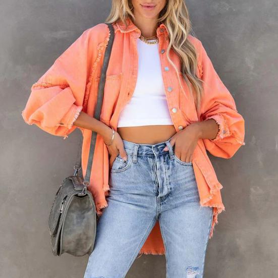 Женская джинсовая куртка с отложным воротником и пуговицами на подоле с бахромой, большой карман, однотонный, свободный, негабаритный, женское пальто средней длины, уличная одежда