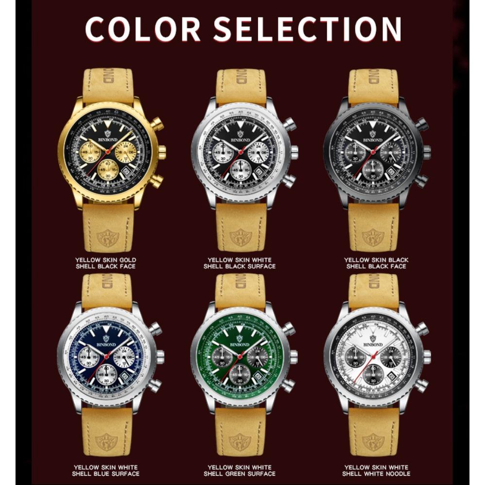 BINBOND Top Brand Man Quartz Watch Waterproof Luminous Date Chronograph Leather Wristwatch Military Sports Luxury Men's Watches