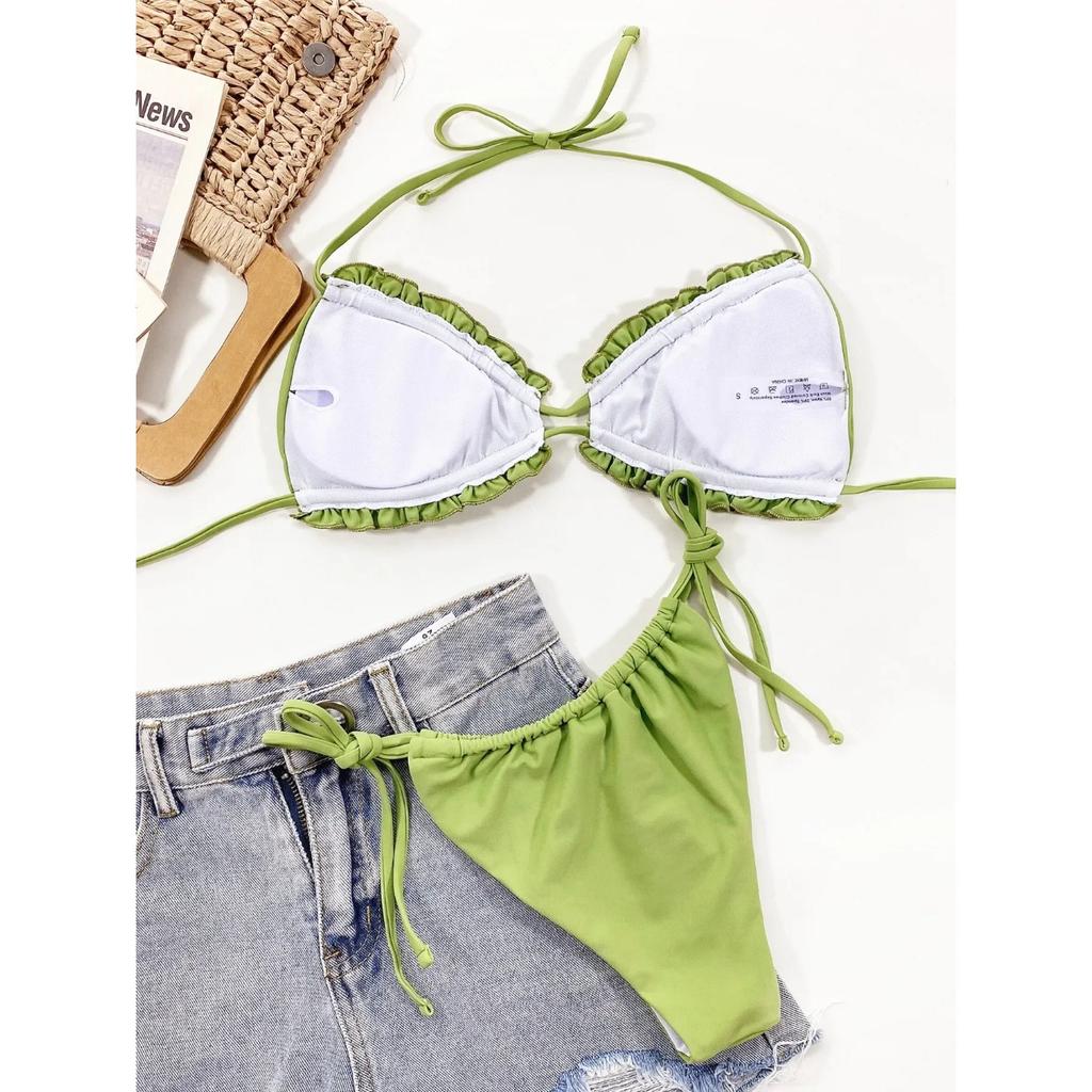 2024 Sexy Ruffle Frill Bikini Solid Swimwear Women Swimsuit Female Bikini Set Brazilian Bathing Suit Beachwear Swim Lady Bathers
